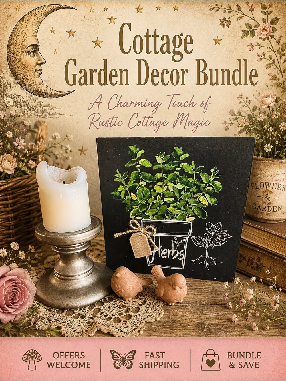 Cottage Garden Decor Bundle Herbs Wall Art Birds Candle Holder